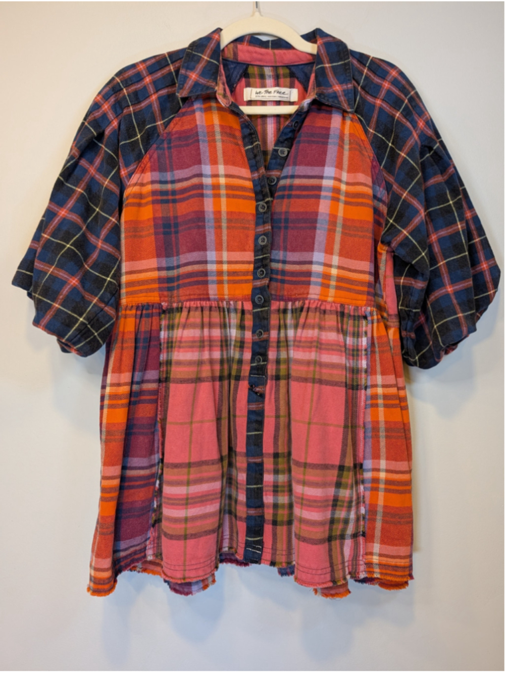 Free People We The Free Moon Bay Mixed Plaid Patchwork Tunic Top Berry XS